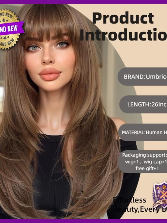 26 Inch Human Hair Wig With Full Bangs Straight Layered Everyday Wear main image 4